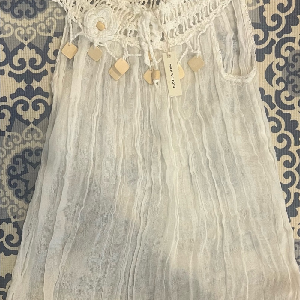 Max Studio White Crochet and Gauze Top